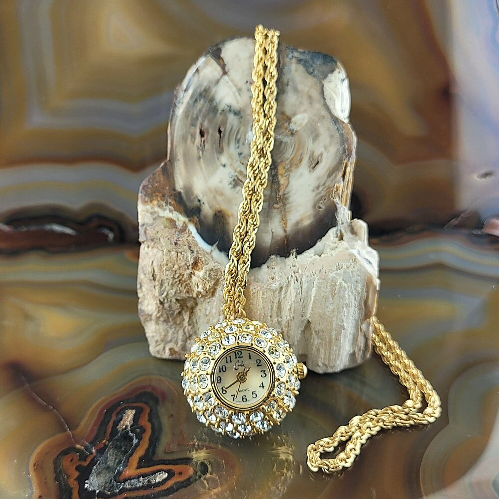 Cache Gold Rhinestone Disco Ball Pendant Watch